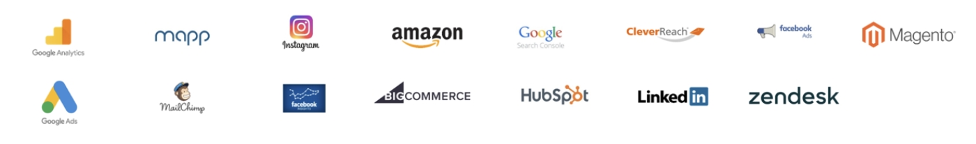Loghi di vari strumenti e piattaforme digitali, come Google Analytics, Instagram, Amazon e altri.