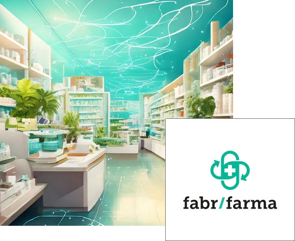 Interno di una Farmacia Moderna con Logo Aziendale Interno di una farmacia moderna con il logo 'fabr/farma' nell'angolo.