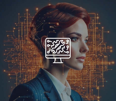 Ritratto Futuristico di una Donna con Circuito Donna con circuiti digitali e icona di uno schermo sul viso.