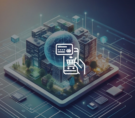 Innovazione nel Commercio Digitale Miniatura di città su smartphone con icona di commercio digitale sovrapposta.