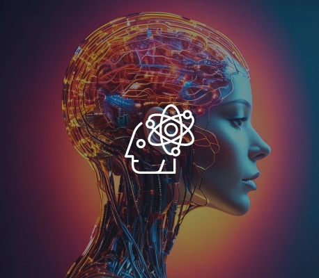 Fusione tra Intelligenza Artificiale e Umanità Volto umano futuristico con circuiti elettronici e icona di intelligenza artificiale.