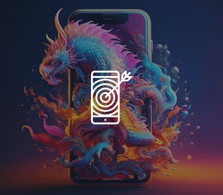 Dragone Fantastico su Smartphone Dragone colorato che emerge da uno smartphone con un'icona bianca sovrapposta.