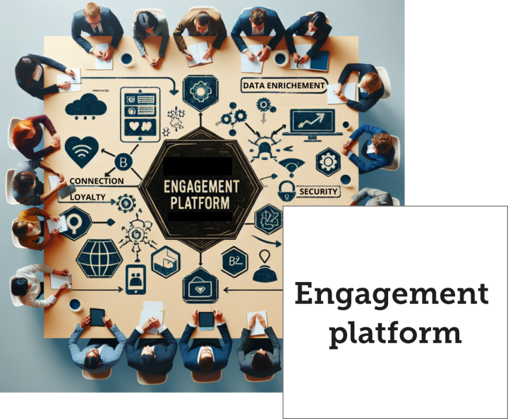 Tavolo circolare con persone e schema di engagement platform al centro.