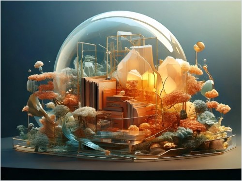 Scultura di Fantasia in Sfera di Vetro Installazione artistica di una città futuristica in una sfera di vetro con piante stilizzate.