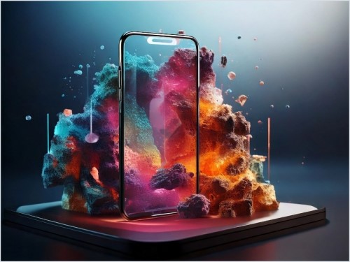Tecnologia e Creatività: Smartphone e Paesaggio Astratto Smartphone davanti a rocce e nuvole astratte di vari colori su una base.