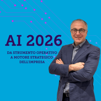 Professional infographic showing the transition of AI from an operational tool to a strategic business engine. Features key 2026 ROI metrics: +40% productivity and -65% decision-making time. Mentions Ruggero Landolina and Confindustria Romagna.